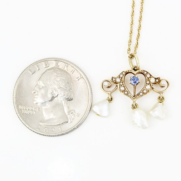 Antique Edwardian 14k Gold Sapphire + Pearl Heart Pendant Necklace (c.1900) - Picture 9 of 9